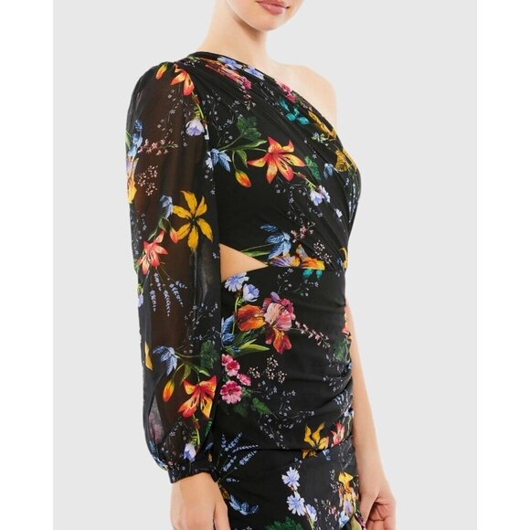 Mac Duggal Size 2 Black 55668 Floral One Shoulder Cut Out Cocktail Gown Dress - Picture 2 of 12